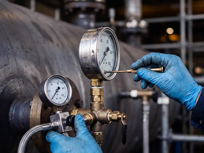 Técnico com luvas calibrando manômetro instalado em vaso de pressão, com manômetro padrão acoplado ao bloco de teste
