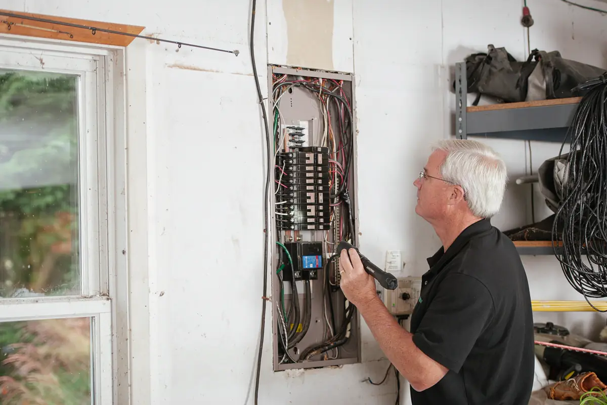Eletricista conferindo os disjuntores de um quadro de distribuição residencial com a tampa aberta
