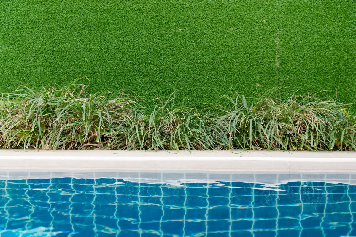 Grama sintética instalada junto à borda de piscina, com canteiro de plantas entre o gramado e a água