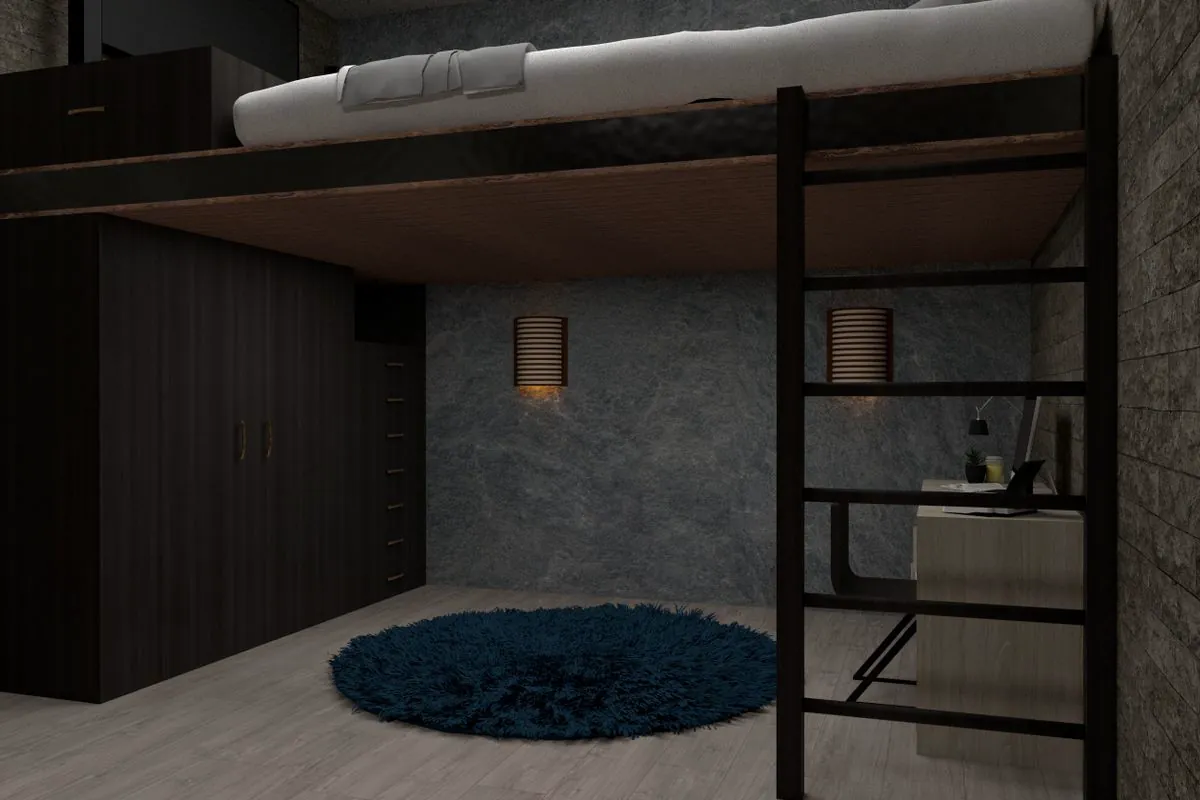 Mezanino residencial tipo loft com cama sobre estrutura metálica preta e escada