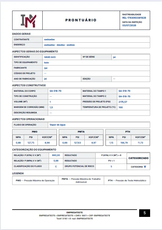 Prontuário do equipamento gerado pelo Sistema NR13 em formato de documento técnico