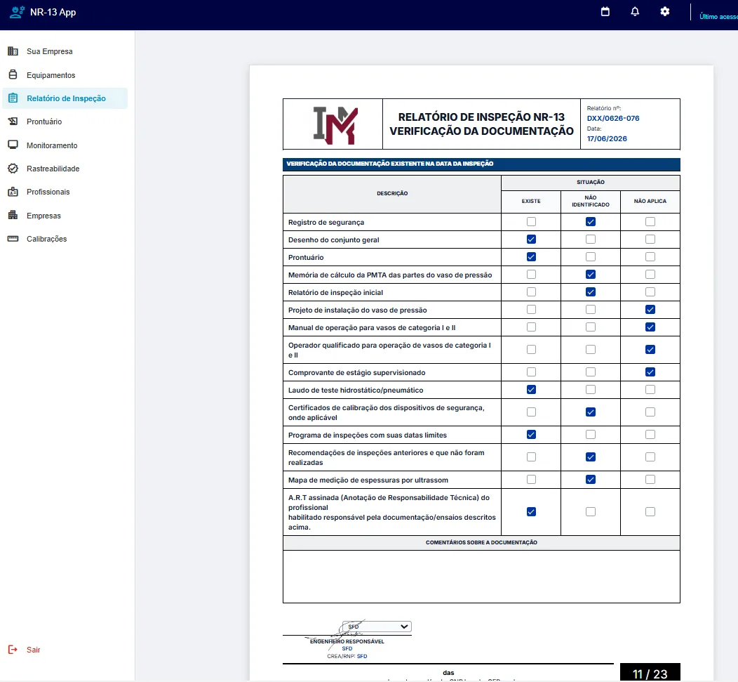 Checklist de verificação da documentação exigida pela NR-13