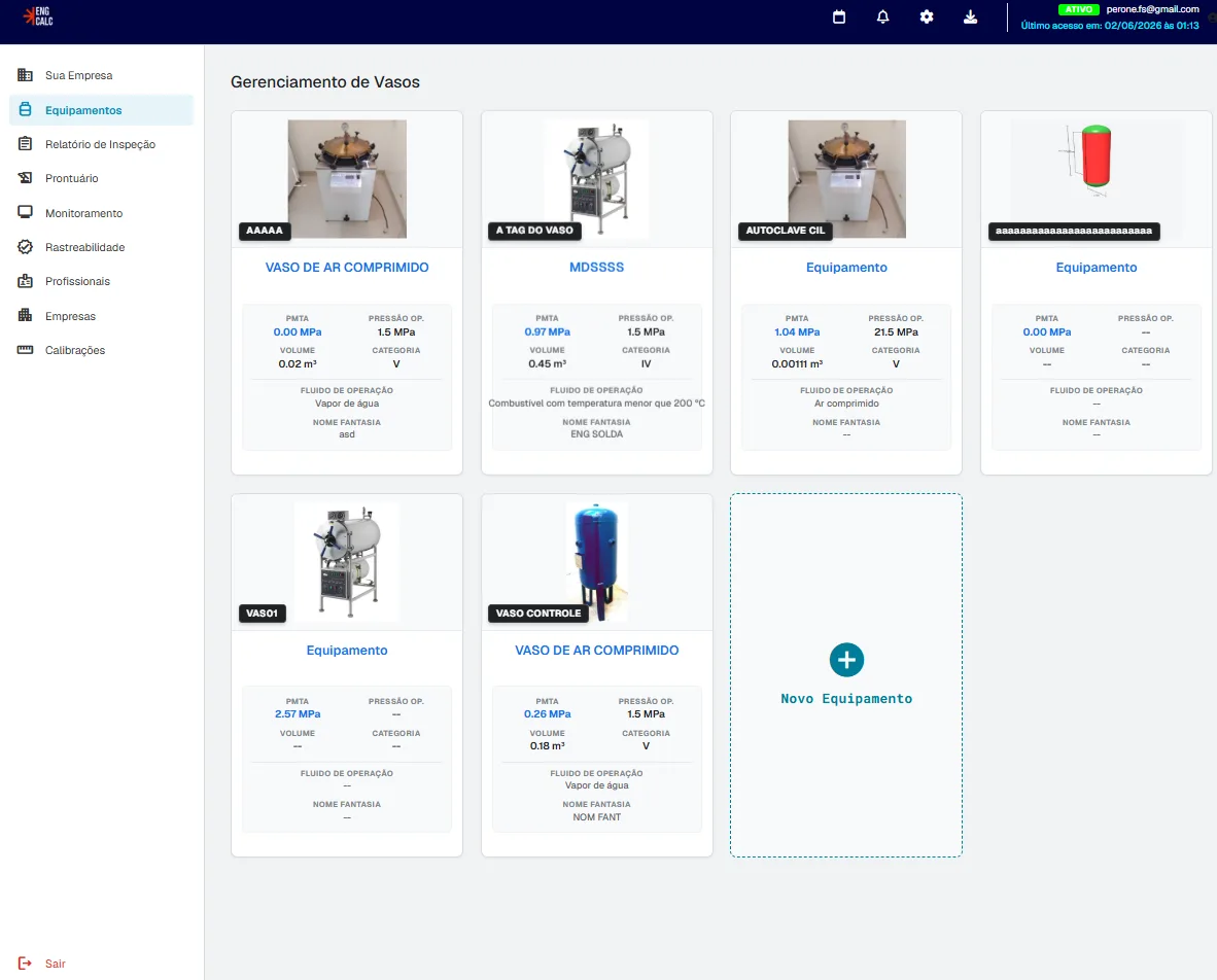 Painel de gestão de equipamentos cadastrados
